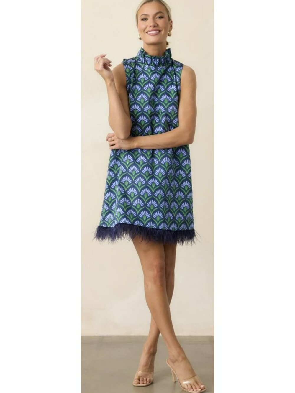 Prosperina Blue & Green Feather Dress Size Large New